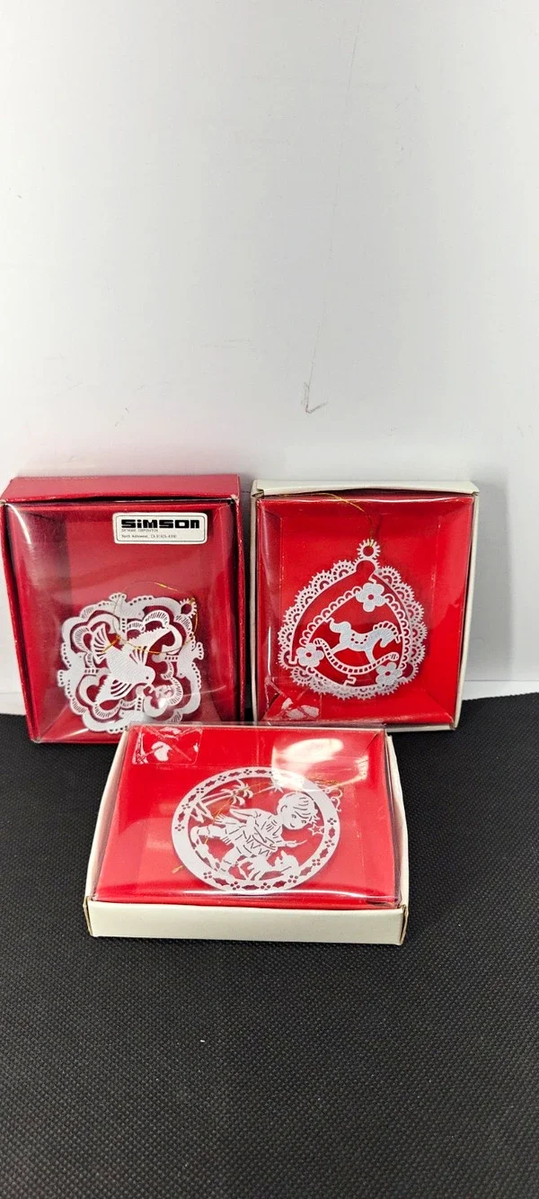 Vintage Simson Giftware Christmas Ornaments Lot of 3 Filigree Lace w/ Boxes